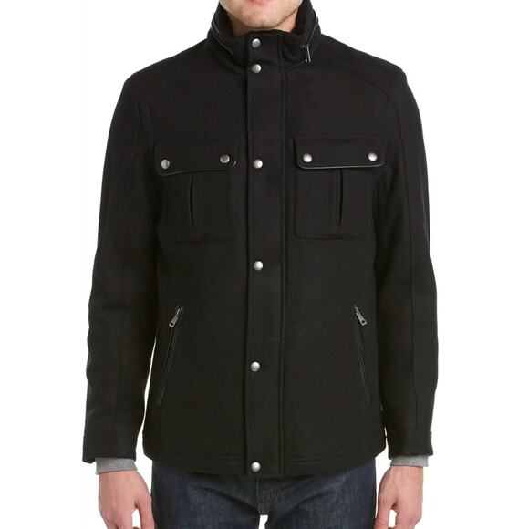Cole Haan Wool Melton Stand Collar Jacket in Black with Patch Pockets Size XL